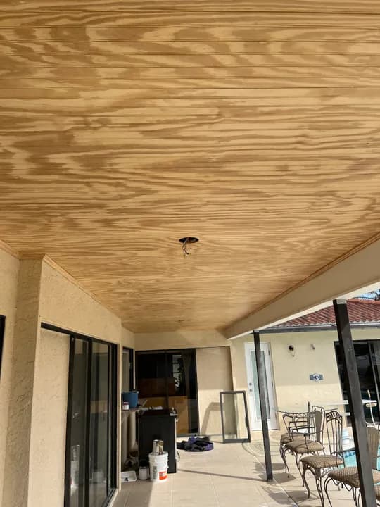Raw pine tongue-and-groove lanai ceiling
